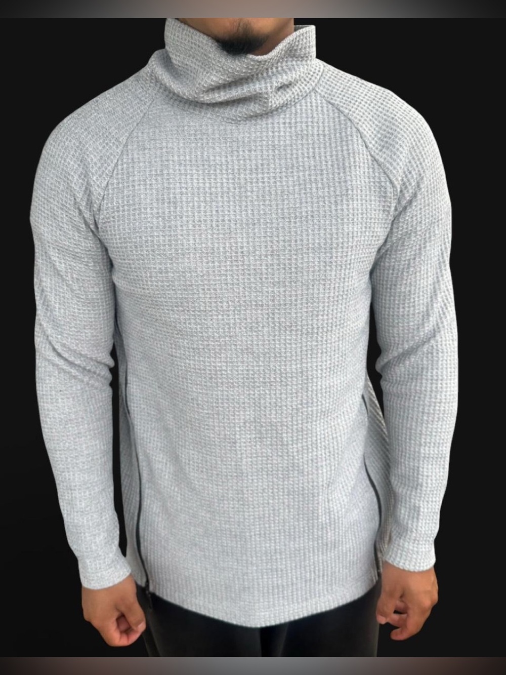 Men's Light Gray Waffle Knit Funnel Neck Sweater